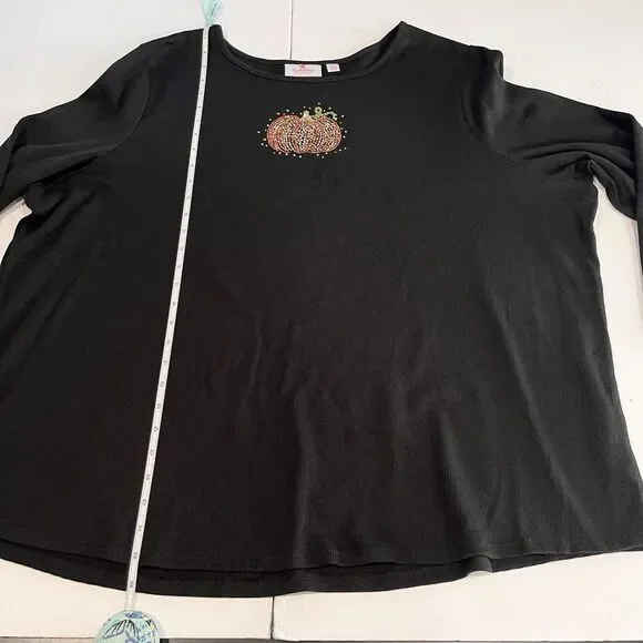 Quacker Factory Rhinestone Pumpkin Black Waffle Knit Long Sleeve Tee Size 3X - Picture 9 of 12